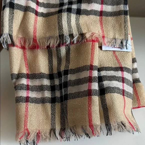 Burberry Classic Check Scarf in Beige and Red - Picture 2 of 7